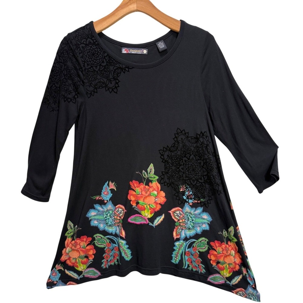 Desigual Tunic Top Black Floral Sequin Flocked Embroidery Burnout Shark bite XXL